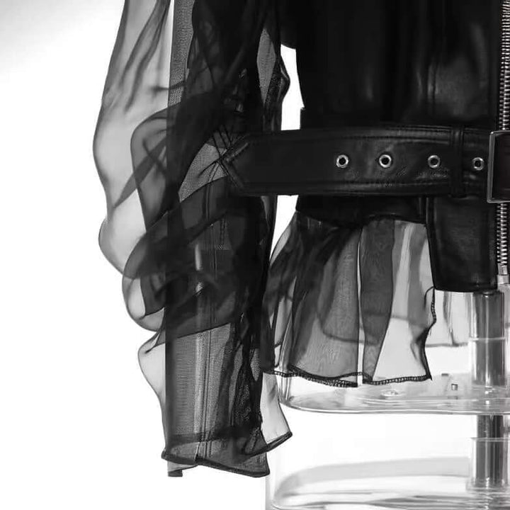 Breathable sheer mesh women's motorcycle jacket in edgy black. Lightweight outerwear for a cool, fashion-forward look.