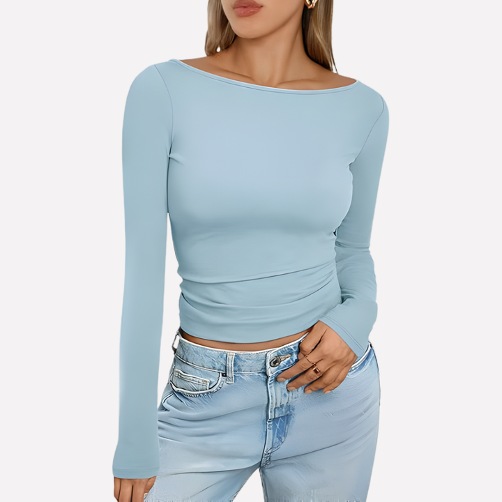 Comfortable fitted women's boat neck long sleeve top. Your new favorite everyday staple.