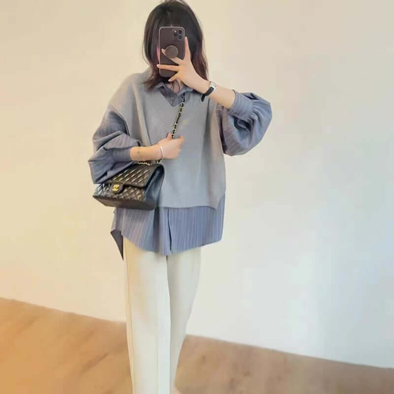 Women's effortless chic loose midi top and wide leg pants set. Comfortable cotton blend two-piece loungewear.