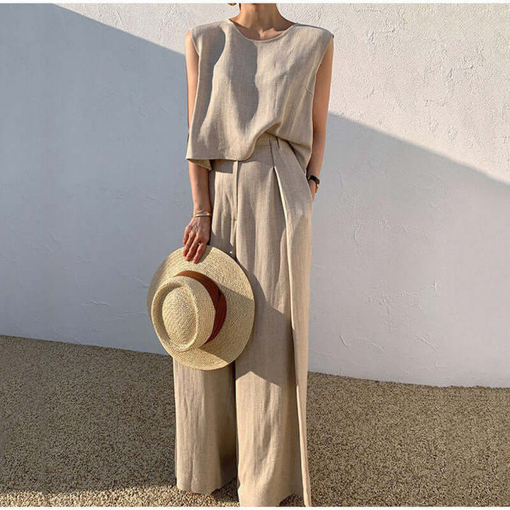 Women's Effortless Chic sleeveless top & wide-leg trousers set, perfect for elegant casual wear.