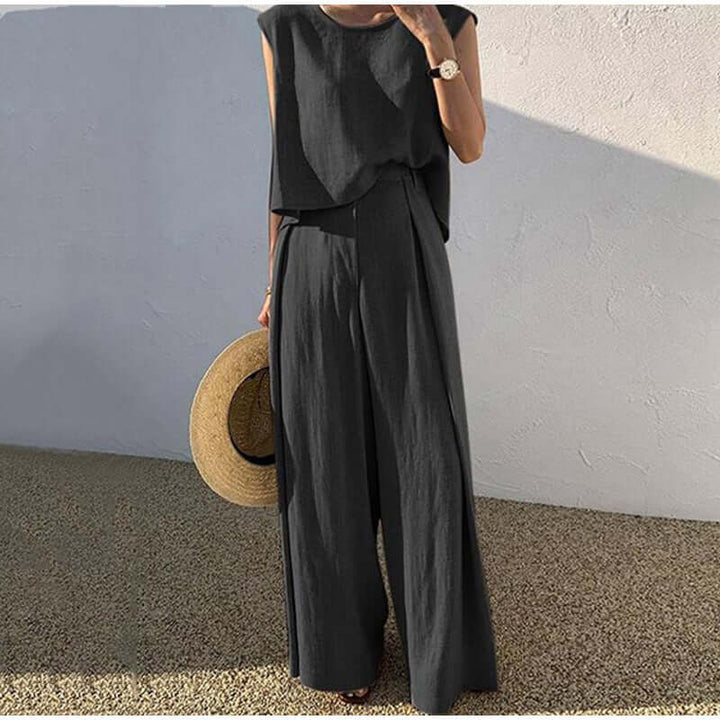 Women's sleeveless top and wide-leg trousers set, a comfy and fashionable co-ord for daily style.