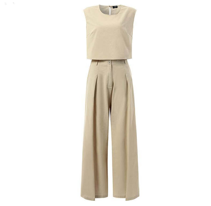 Stylish women's sleeveless top & wide-leg trousers set with a relaxed fit, ideal for summer elegance.