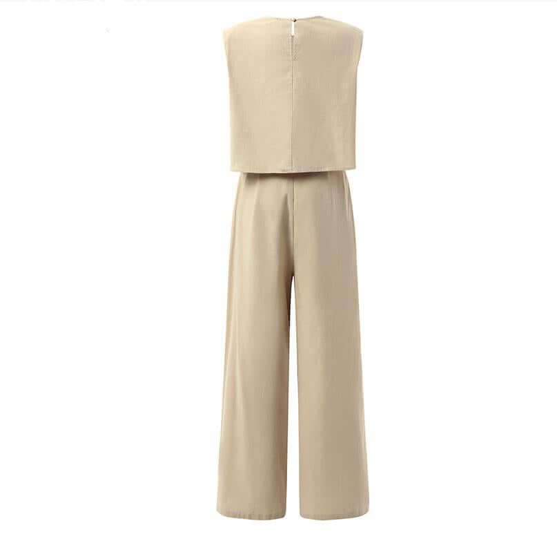 Chic women's two-piece set featuring a sleeveless top and wide-leg trousers for comfortable fashion.