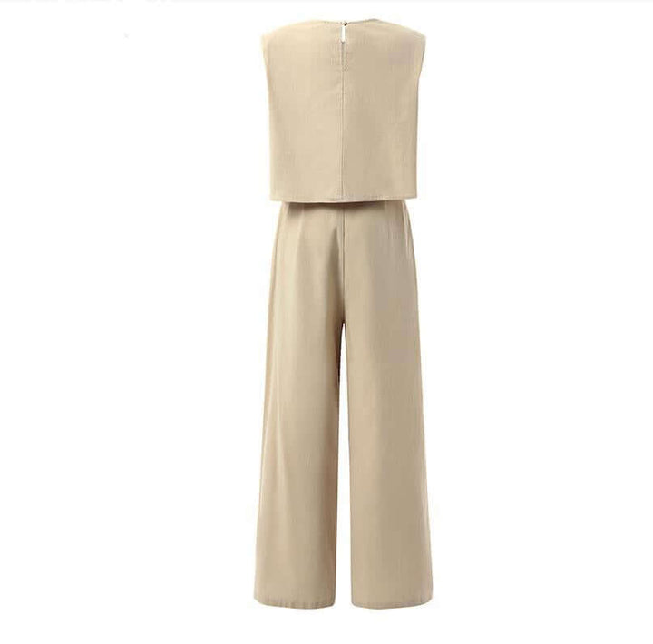 Chic women's two-piece set featuring a sleeveless top and wide-leg trousers for comfortable fashion.