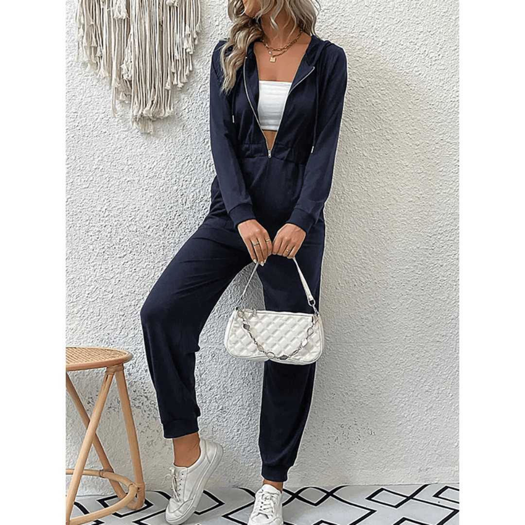 Women's effortless chic slim-fit hooded jumpsuit with zipper, perfect for stylish casual wear.