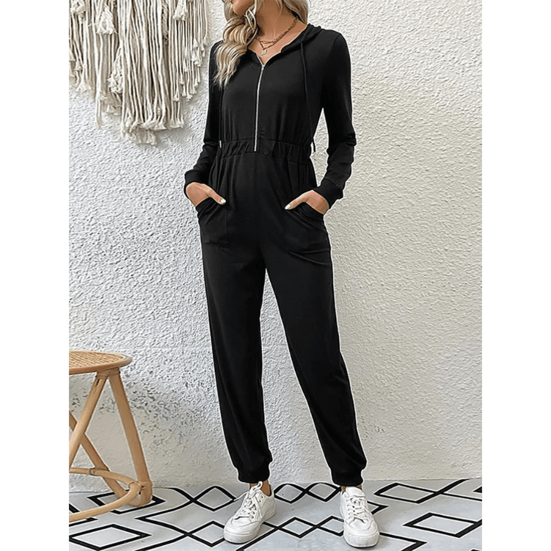 Stylish women's slim-fit hooded jumpsuit. Features a practical full-length zipper closure, ideal for casual outfits.
