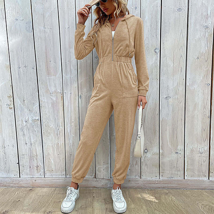Effortless women's hooded slim-fit jumpsuit, a comfortable polyester full-length piece for everyday loungewear.