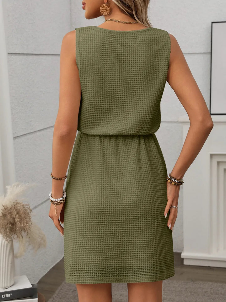 Women's casual mini dress, a sleeveless drawstring tank style designed for summer comfort.