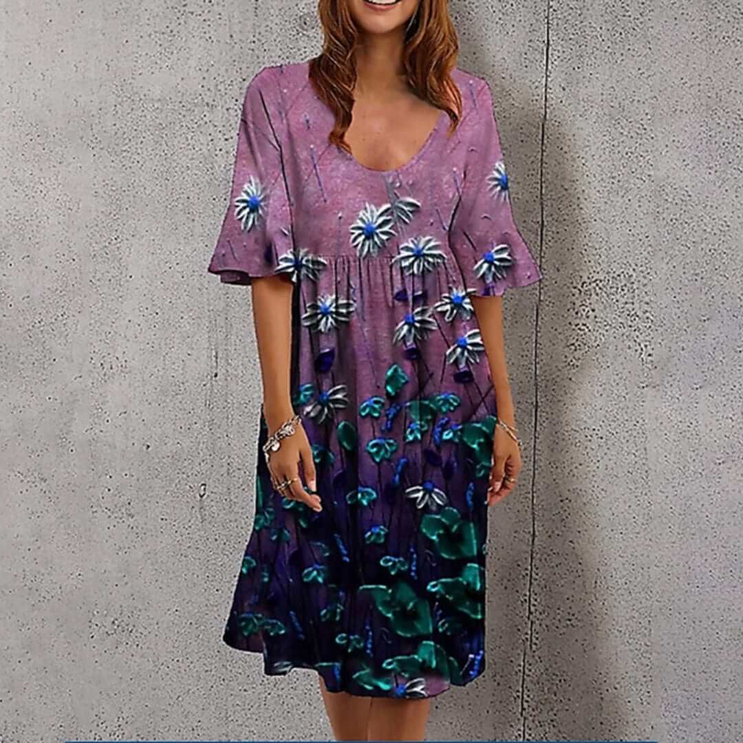 Vibrant floral summer midi dress for women, a comfortable and stylish option for beach and casual wear.