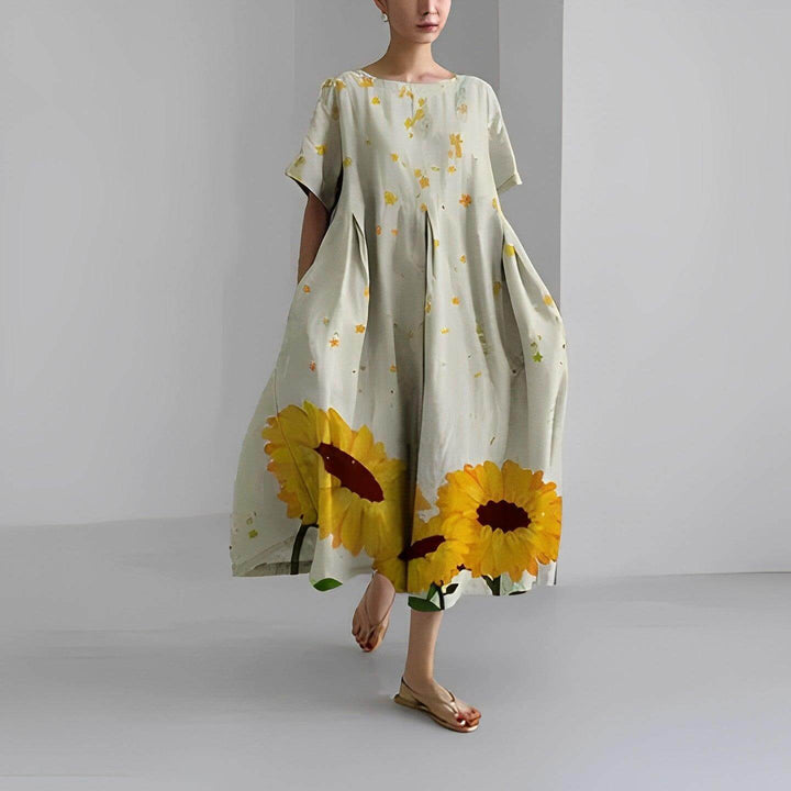 Loose casual floral swing dress for women, offering comfortable fashion & relaxed fit.