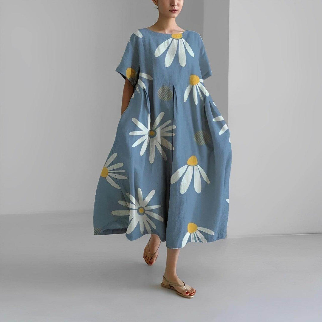 Comfortable women's floral swing dress, an easy everyday wear piece with a flowy silhouette.