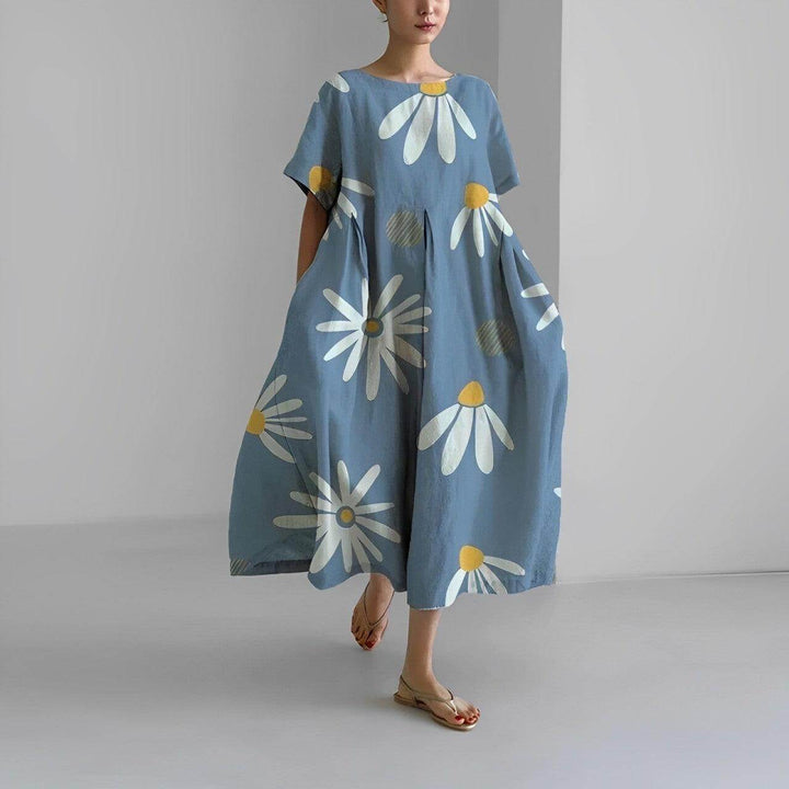 Comfortable women's floral swing dress, an easy everyday wear piece with a flowy silhouette.