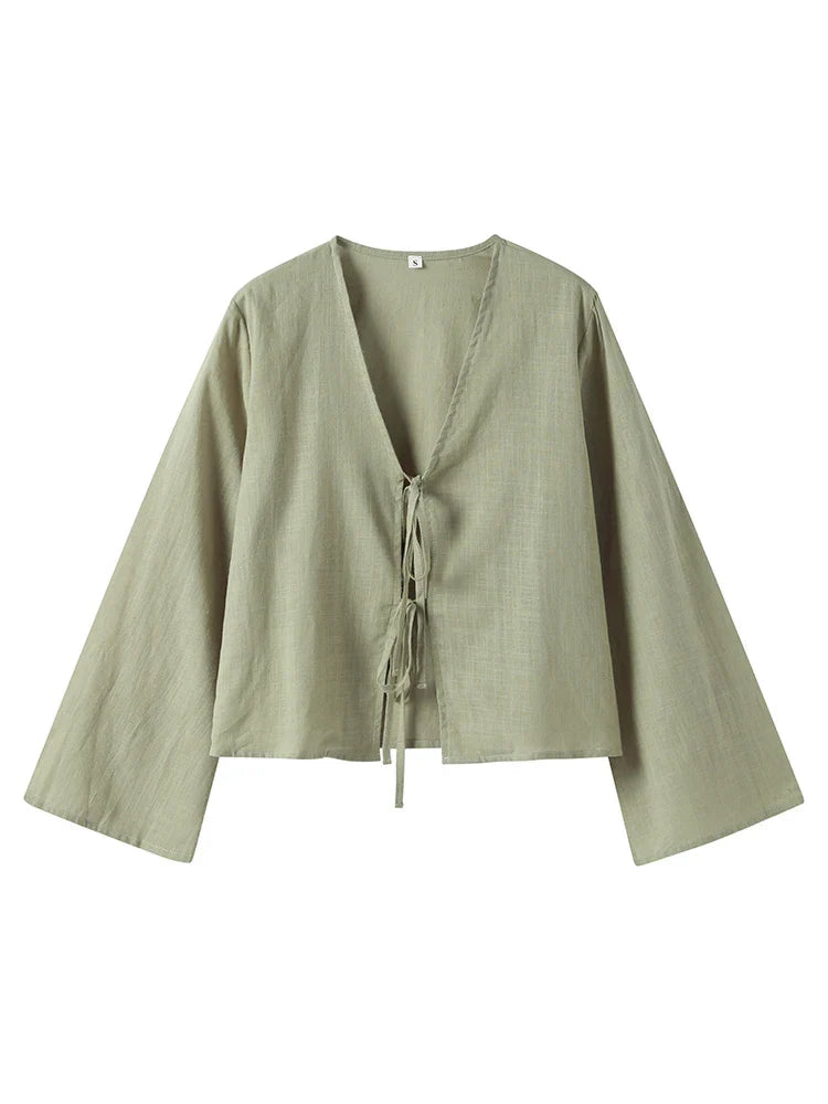 Olive green effortless front-tie crop top for women, a breezy summer fashion blouse.