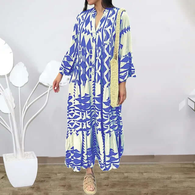 Women's effortless geometric print maxi dress with V-neck, ideal for summer casual or elegant wear.