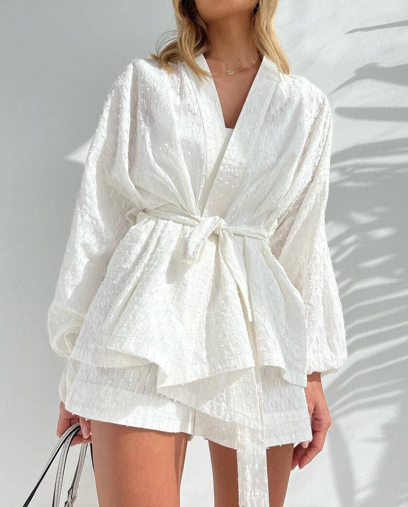Chic women's two-piece kimono set with long sleeve top and matching shorts, relaxed fit for everyday.