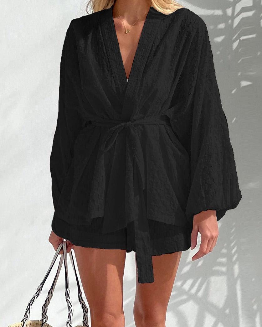 Soft women's long sleeve kimono top & coordinating shorts set, ideal comfortable two-piece lounge wear.