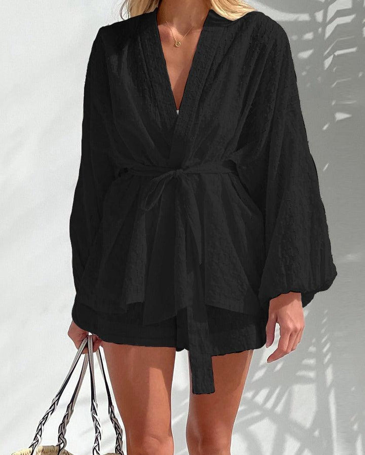 Soft women's long sleeve kimono top & coordinating shorts set, ideal comfortable two-piece lounge wear.