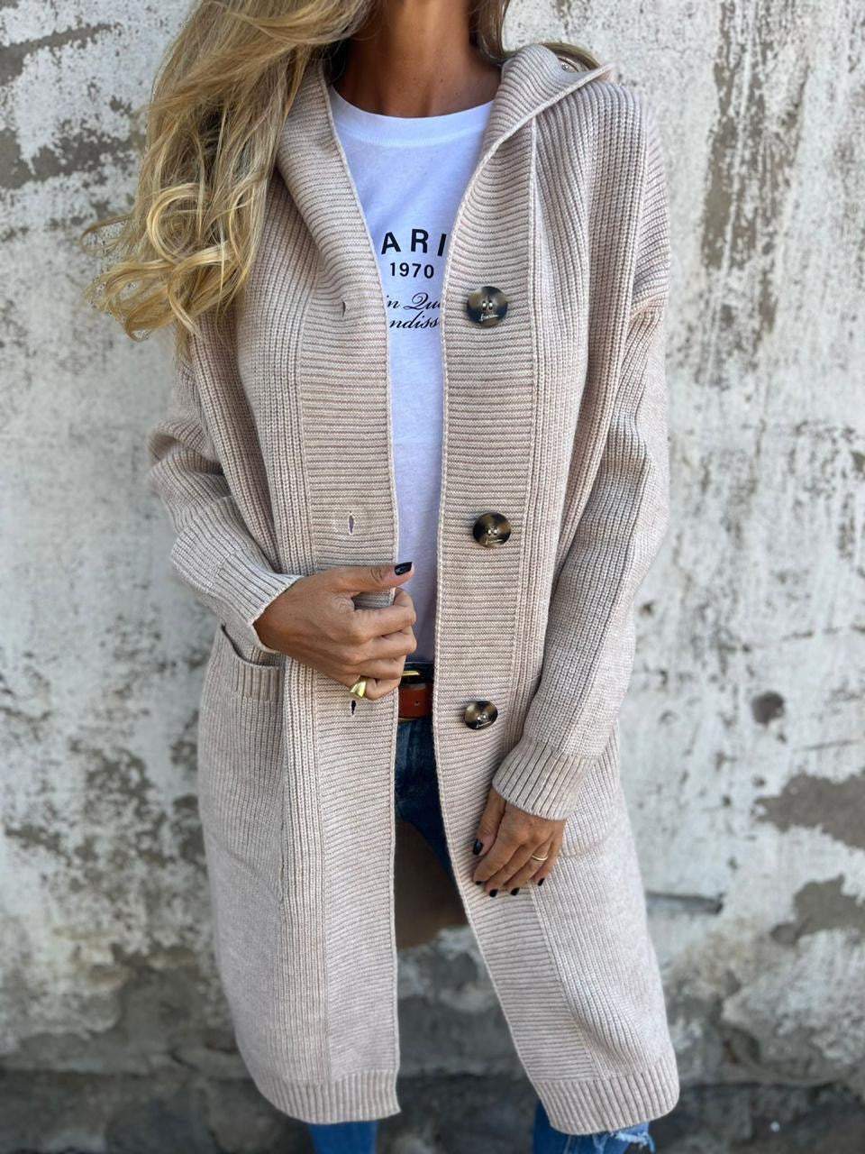 Women's effortless long button cardigan, perfect for versatile layering. Relaxed fit, cozy, and stylish everyday wear.
