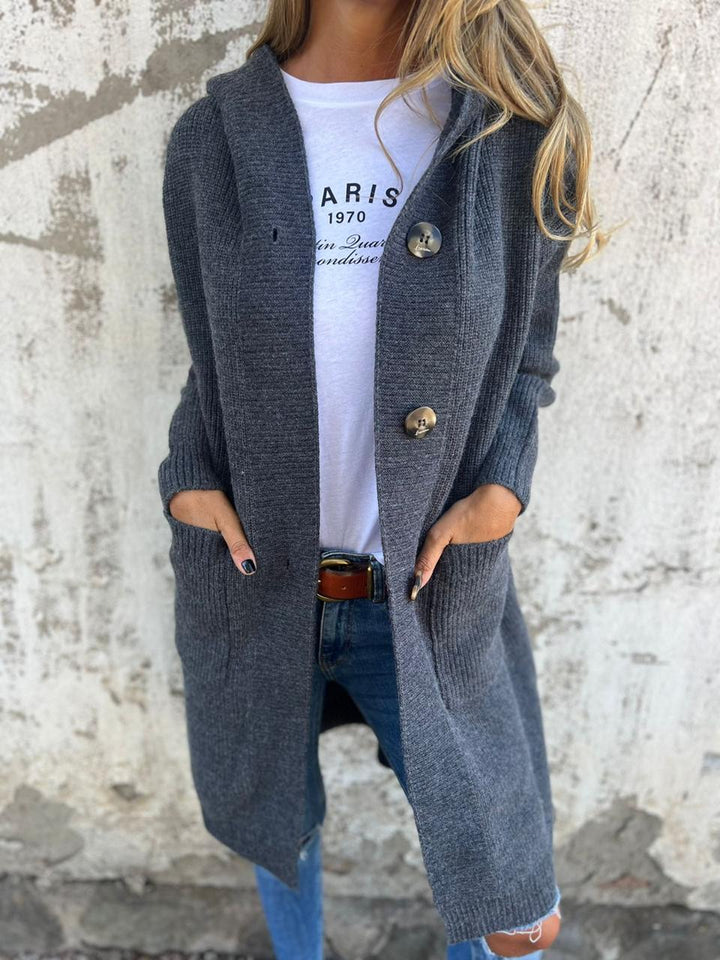 Effortless women's long button cardigan. A cozy, versatile layering piece for stylish fall fashion or spring outfits.