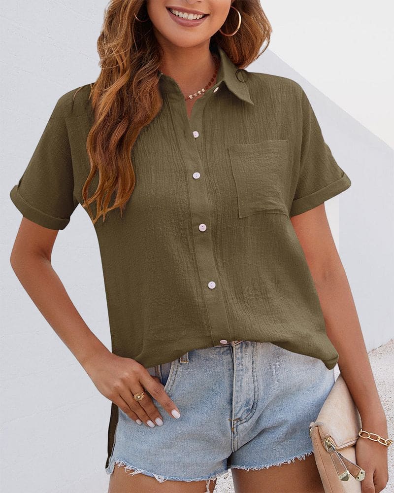 Versatile women's short sleeve button-down blouse, an effortless top for everyday wear & elegant style.