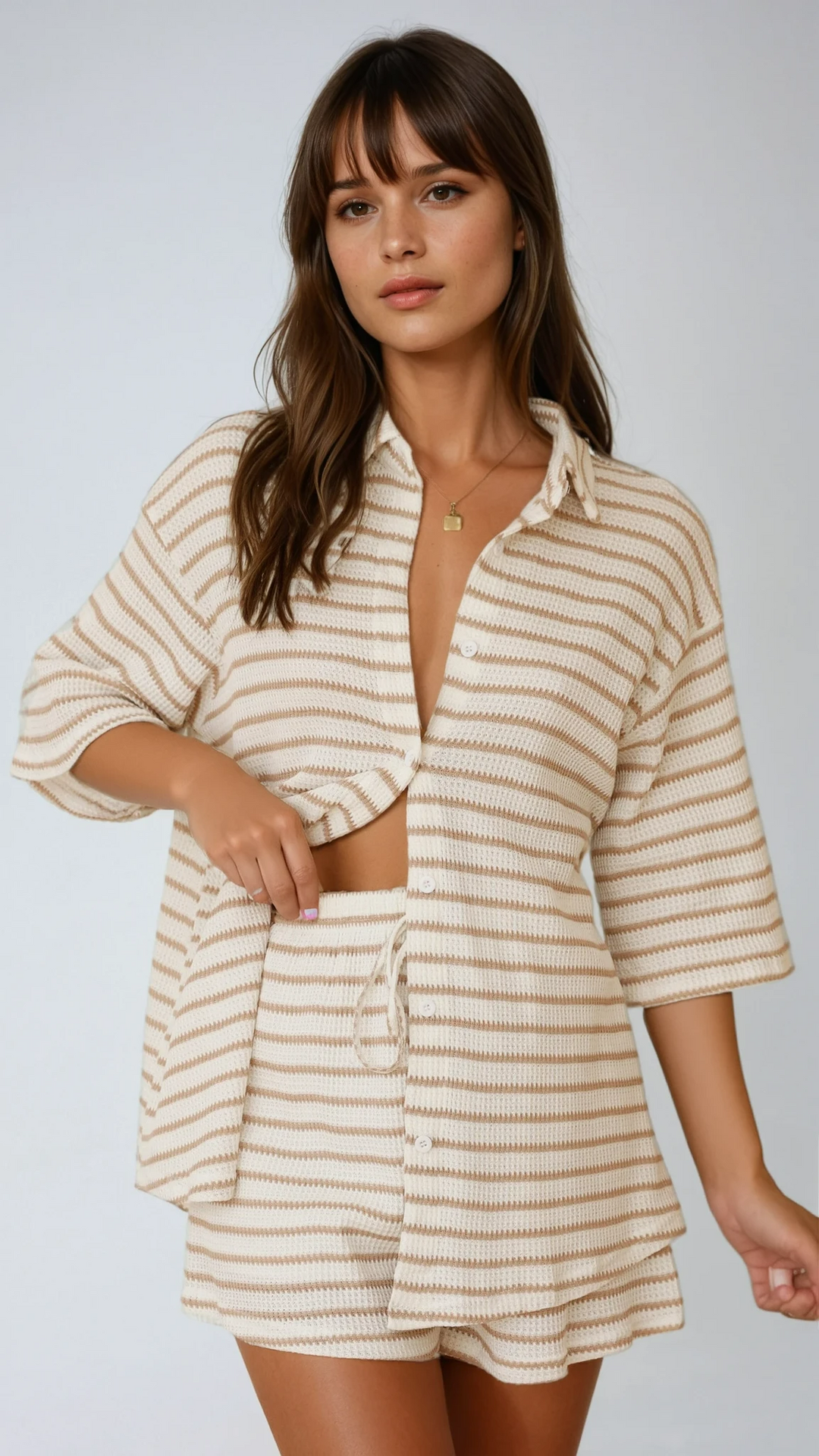 Women's effortless striped shirt & shorts set. Perfect for sunny summer days, vacation, or beachwear.