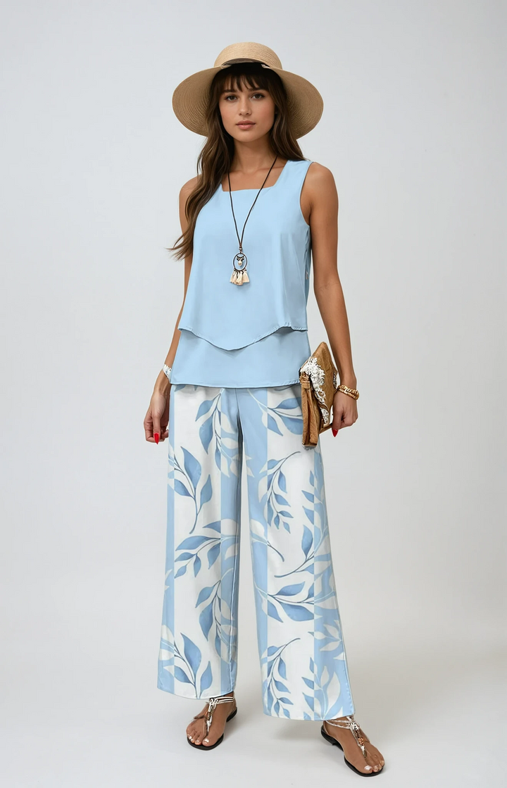 Women's effortless two-piece summer set with wide-leg pants & layered top. Ideal for vacation style.