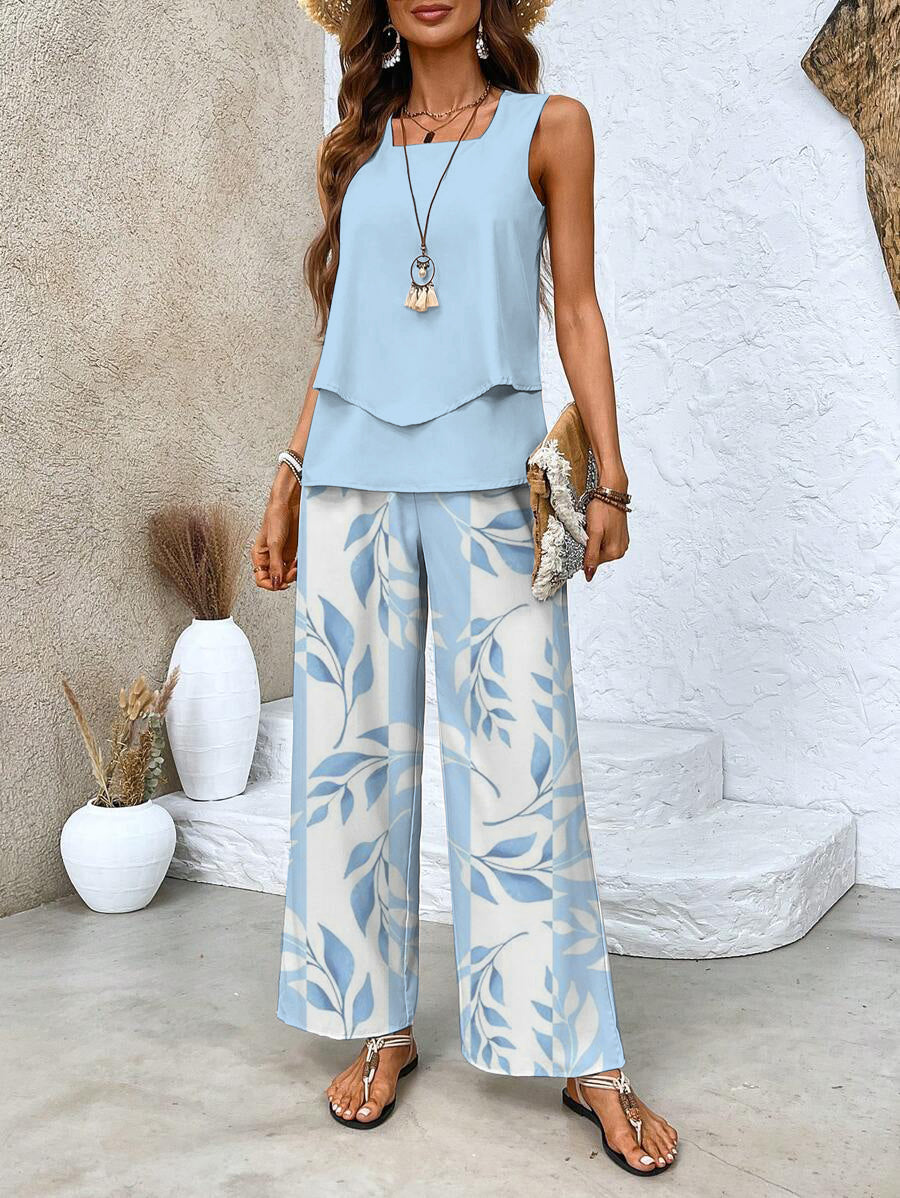 Comfortable women's two-piece leisurewear set, wide-leg pants & sleeveless top for summer.