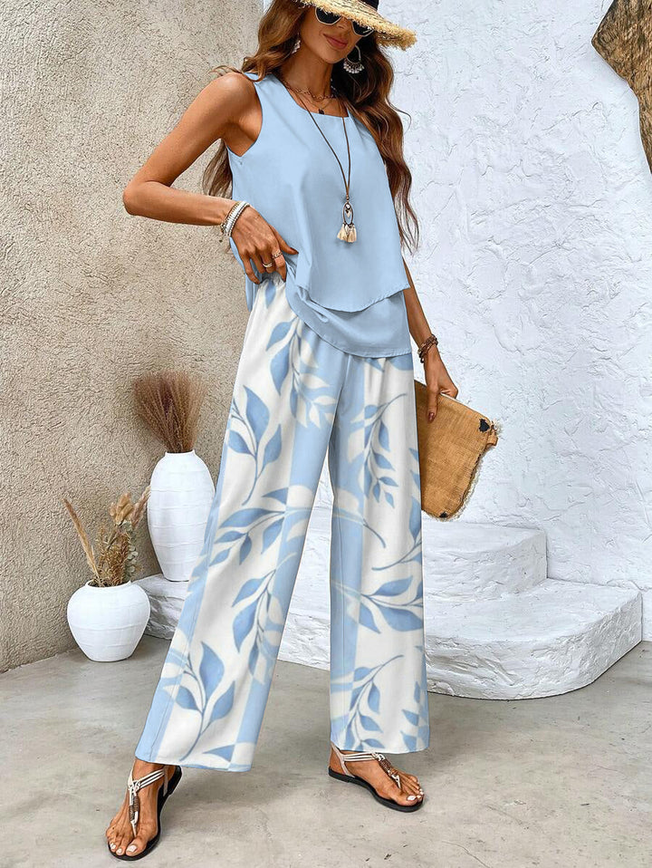 Elegant women's matching summer set: wide-leg pants & stylish layered top, perfect day to night.