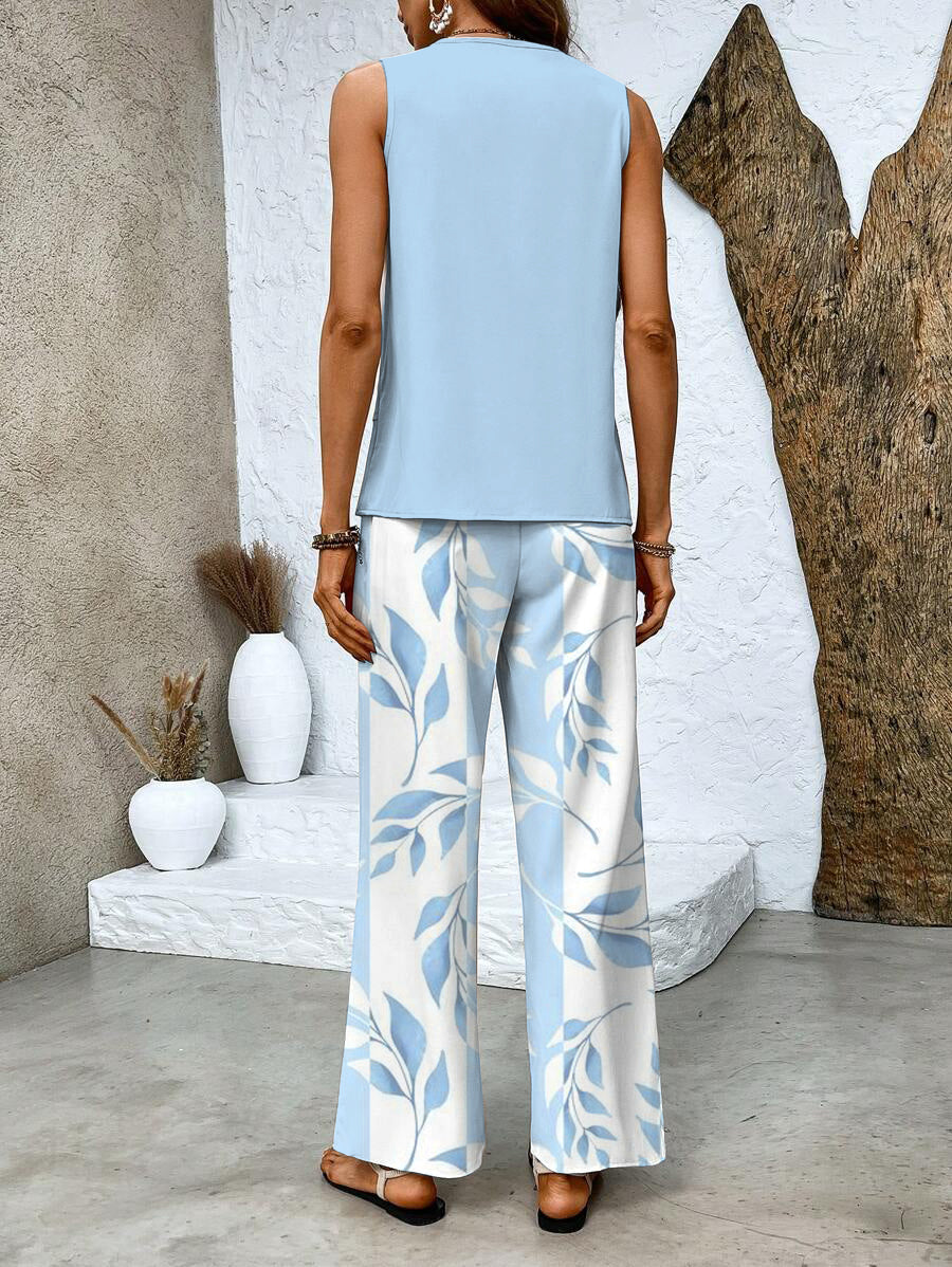 Women's summer fashion set featuring comfortable wide-leg pants & a chic sleeveless matching top.