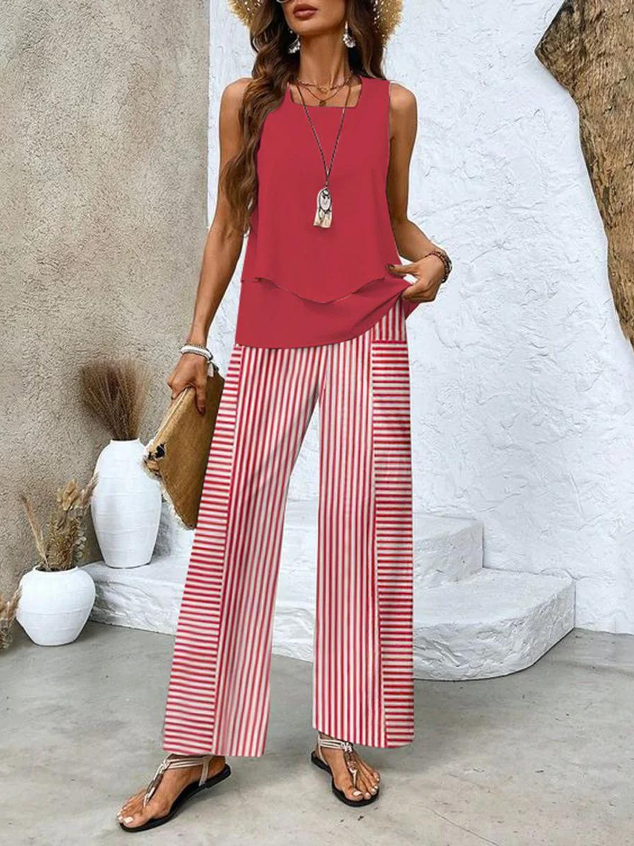Effortless two-piece women's set with a layered top & flowy wide-leg pants for summer fashion.