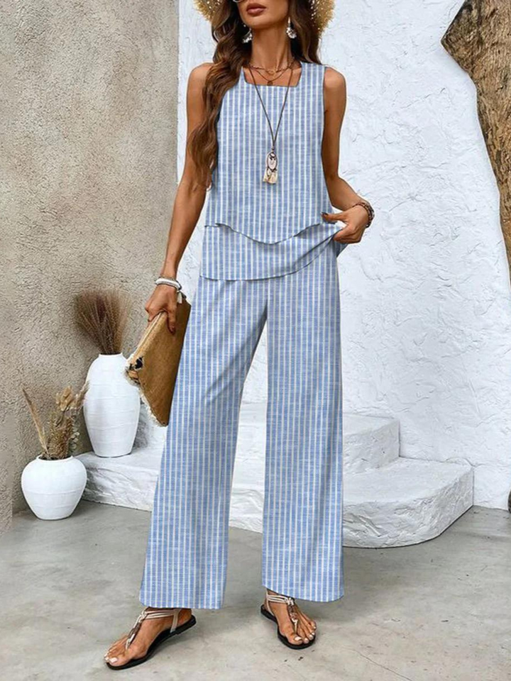 Complete women's matching two-piece summer set: stylish wide-leg pants & a complementary top.