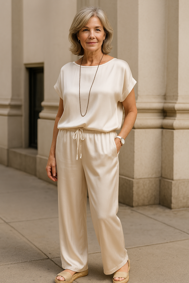 Women's effortless wide-leg lounge set with short sleeve top, perfect for comfortable casual wear.