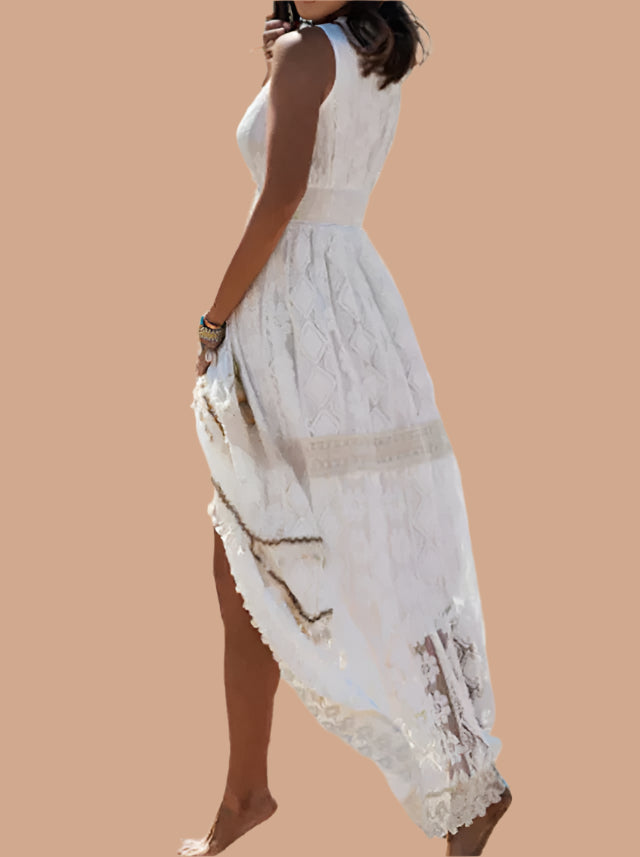 Stylish women's V-neck tie-waist boho maxi dress, a versatile casual summer or vacation outfit.