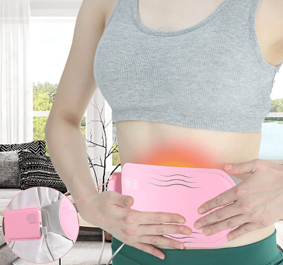 Portable belly warmer massager provides comfortable heat and vibration for women's pain relief.