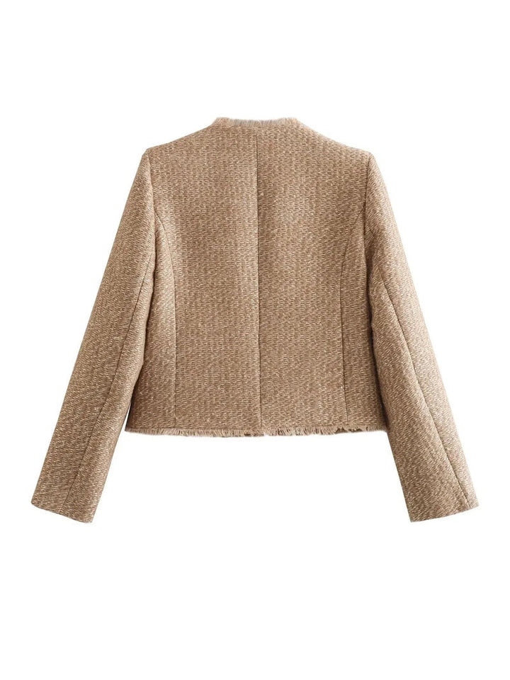 Chic beige women's fashion jacket featuring classic design and elegant gold button-front closure details.