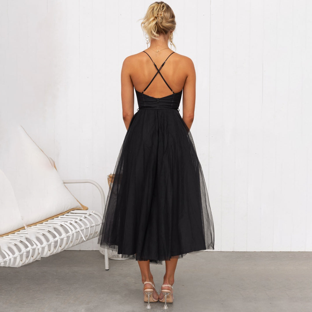 Sophisticated women's formal corset midi dress, spaghetti strap design for an elegant, special occasion look.