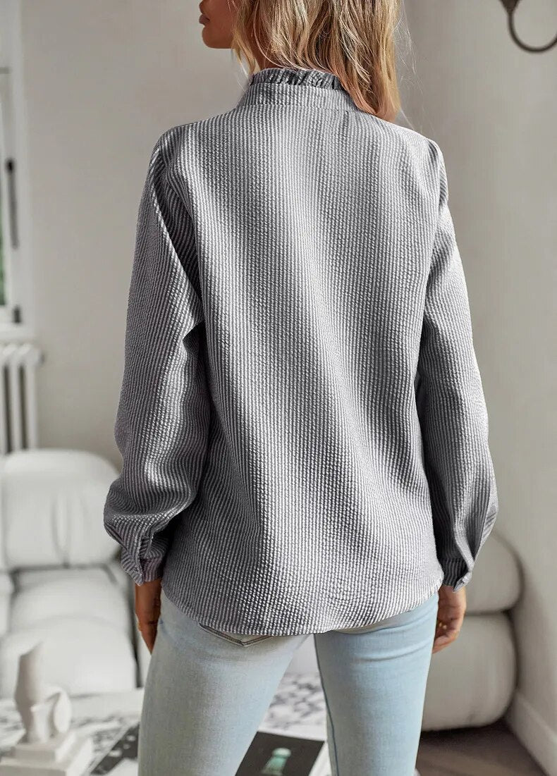 Classic blue women's elegant comfort blouse. Versatile chic fashion for everyday wear.
