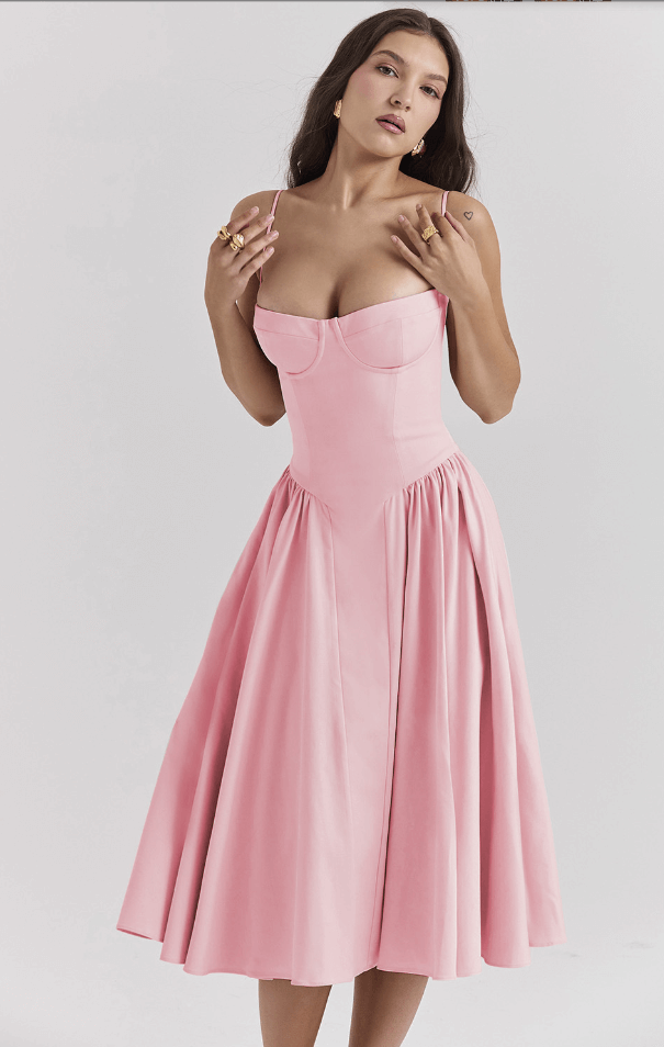 Back view of a women's chic midi dress, showing the elegant sleeveless corset design.