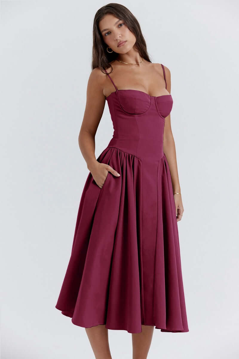 Women's fashion midi dress, elegant polyester with a flattering sleeveless corset design.