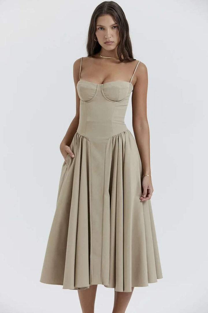 Figure-flattering women's elegant midi dress, sleeveless corset style for modern fashion.