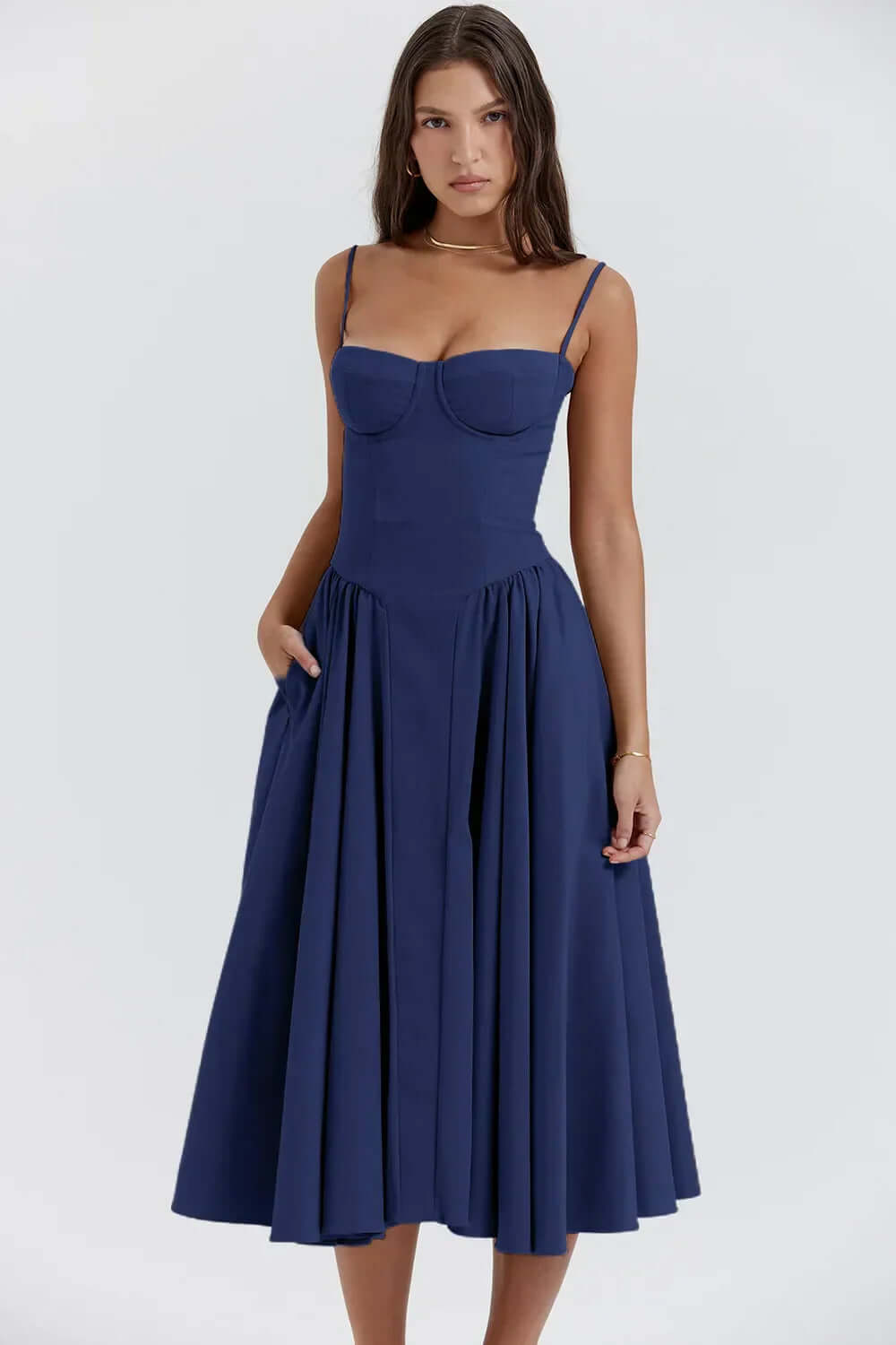 Chic women's sleeveless midi dress with corset detail, perfect for elegant occasions.