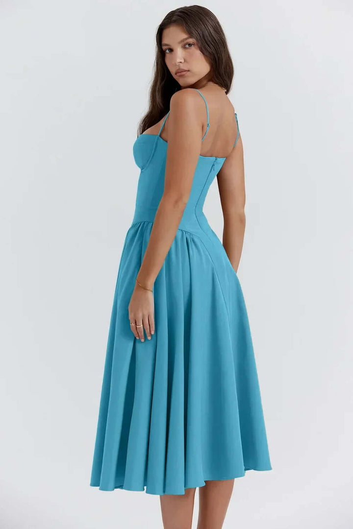 Elegant women's sleeveless midi dress, featuring a chic corset and flattering silhouette.
