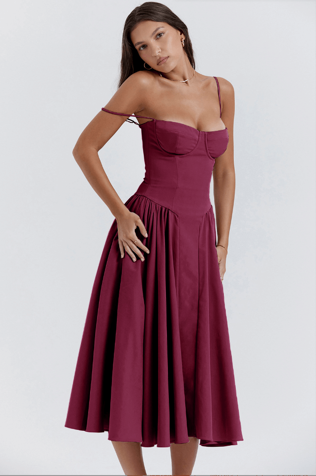 Women's polyester midi dress, perfect as an elegant party dress or chic summer outfit.