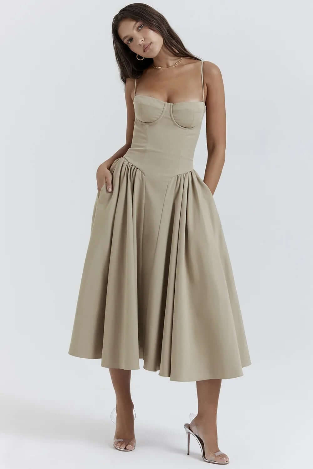 Fashionable women's elegant midi dress, sleeveless and corset-style for a flattering look.