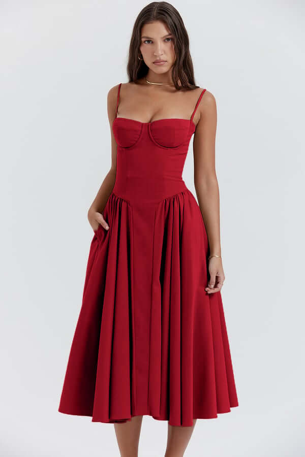 Elegant women's sleeveless corset midi dress, showcasing a chic figure-flattering silhouette.