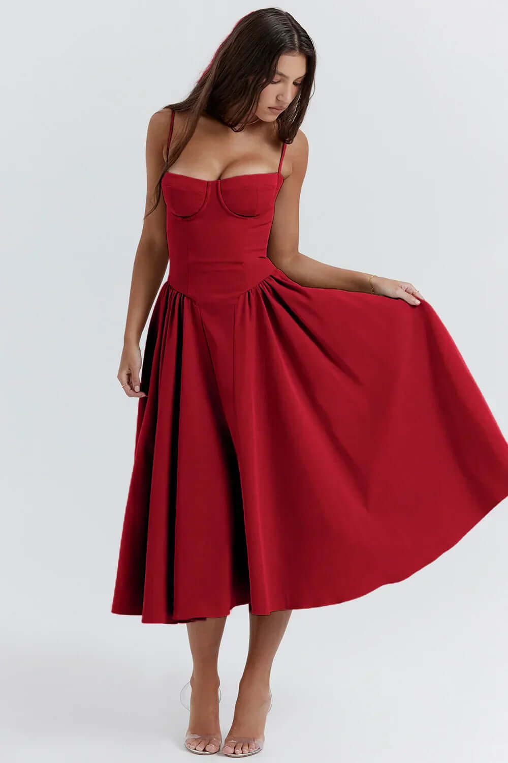 Stylish women's midi dress with a sleek corset bodice, suitable for special events.