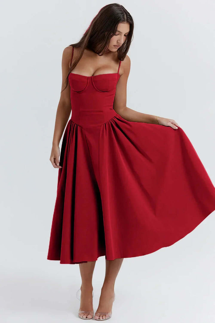 Stylish women's midi dress with a sleek corset bodice, suitable for special events.