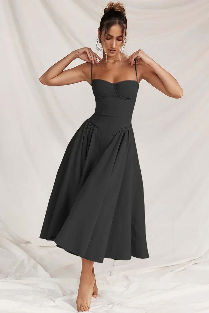 Party-ready women's elegant midi dress, sleeveless corset design for a chic look.