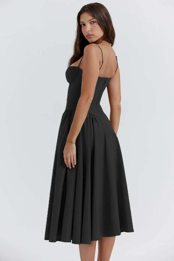 Casual summer women's midi dress, sleeveless and flattering with a stylish corset top.