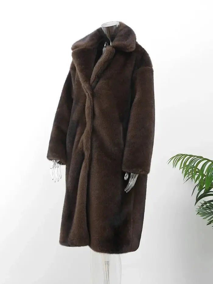 Luxurious dark brown women's long winter coat, elegant and warm outerwear for a chic winter look.